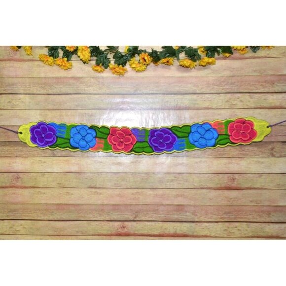 Handmade Traditional Mexican Colorful Full Embroidered Floral Wide Belt One Size - Picture 2 of 7